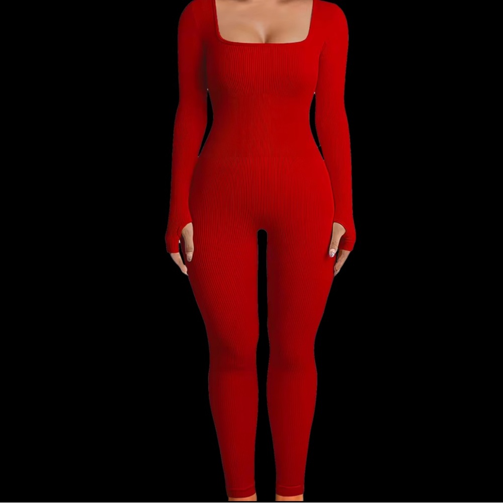 Red Bodycon Full Body Romper Sporty Street Onesie Long Sleeve Ribbed Jumpsuit